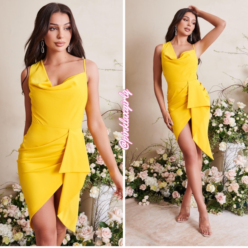 NWT $225 LAVISH ALICE EMMA COWL NECK MIDI WRAP DRESS IN YELLOW ✨